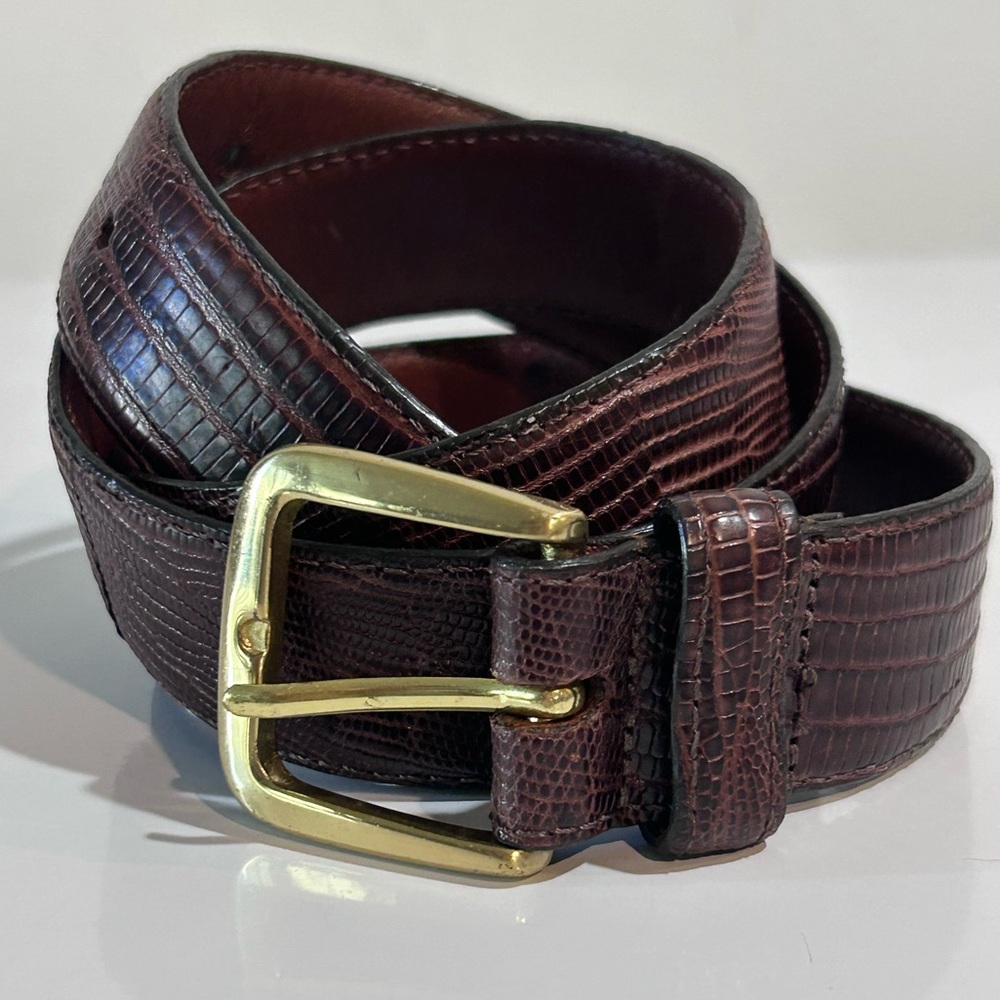 Vintage FootJoy Teju Lizard Belt 34 Cognac Brown.Gold Brass Buckle USA